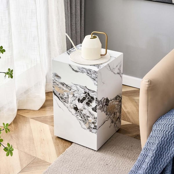 End Table Compact Square Marble Pattern Black Crossbar Base