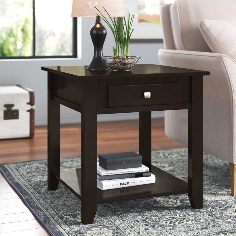End Table Contemporary Black Square Silhouette Open Shelf Drawer