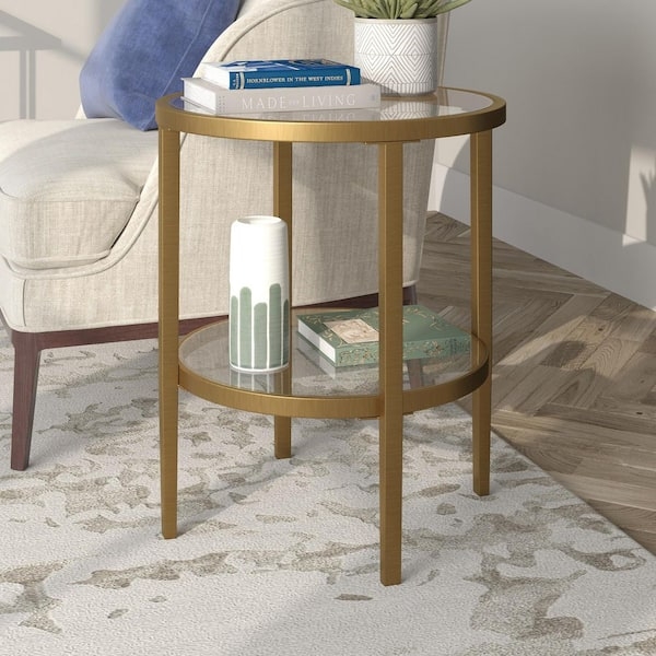 End Table Cross Brace Base Round Glass Antique Brass Finish