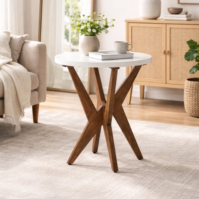 End Table Cross Leg Base Round Top Medium Brown Wood Mid-Century Tapered