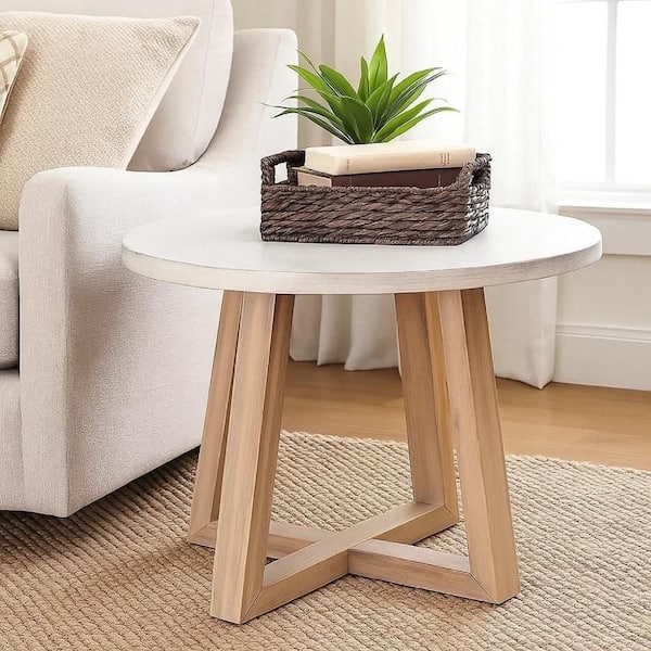 End Table Cross Pedestal Base Light Gray Wash Round Top Rustic Style