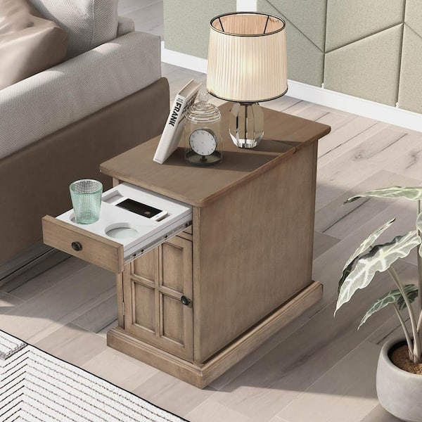 End Table, Cup Holders, Charging Station, Narrow Profile, Antique Brown