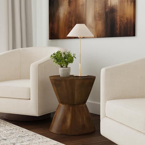 End Table Cylinder Shape Vertical Grain Walnut Toned Minimalist