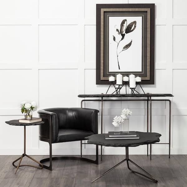 End Table Cylindrical Black Stone Like Geometric Cutouts Sculptural
