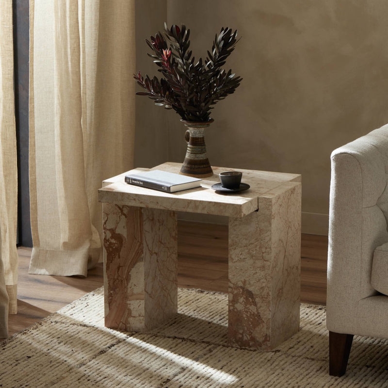 End Table Cylindrical Shape Reeded Base Stone-Like Material