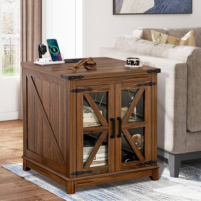 End Table Dark Brown Farmhouse with Glass Barn Door and Charging Ports