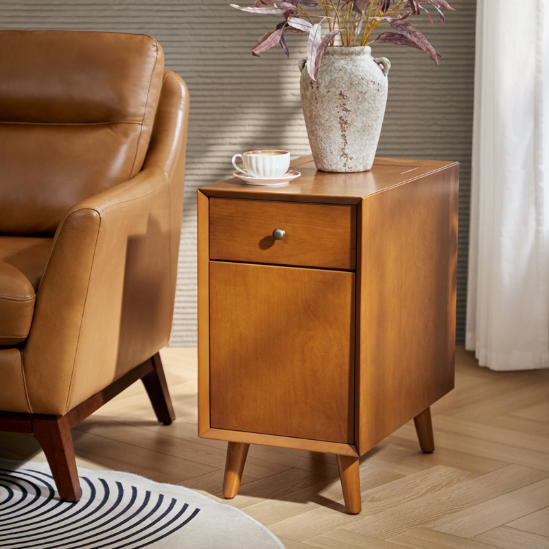 End Table Dark Brown Wood with Open Storage Cubby and Outlet