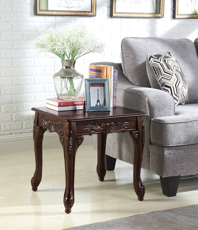 End Table Dark Cherry Scroll Carvings Ornate Pedestal Design