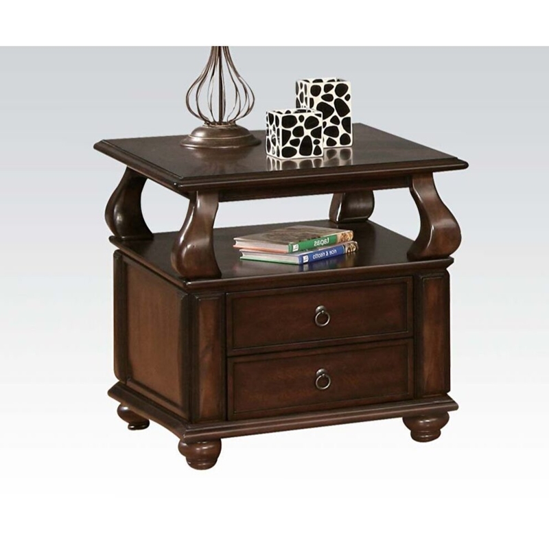 End Table Dark Wood Mirrored Top Drawer Transitional Accent Table