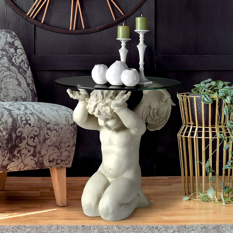End Table Distressed Cherub Sculpture Weathered Stone Look