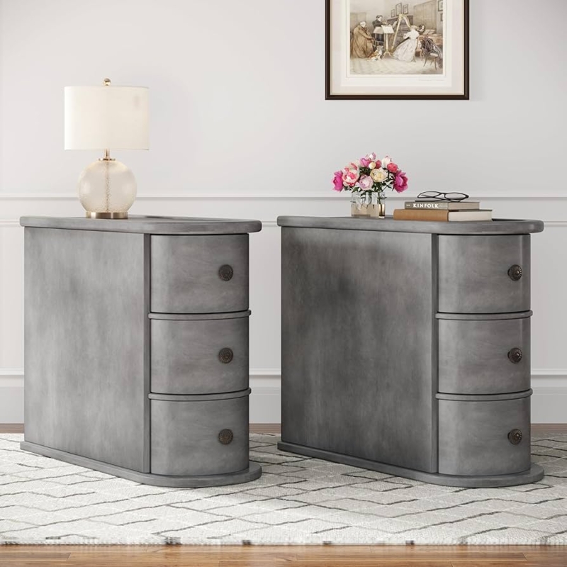 End Table, Distressed Grey Finish, Three Drawers, Narrow Profile, Vintage