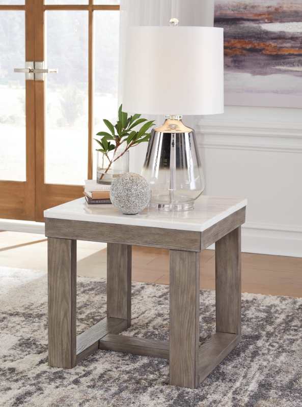 End Table Distressed Ivory Base Two Tone Finish Turned Pedestal Top