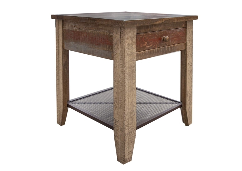 End Table, Distressed Multicolor Plank, One Drawer, Antique Ring Pull