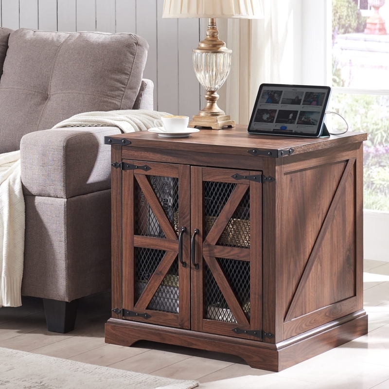 End Table Distressed Rustic Wood with Industrial Mesh Barn Door Cabinet