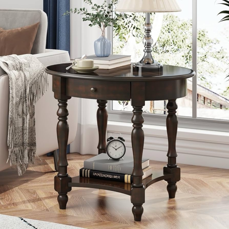 End Table Drawer and Shelf Combo, Walnut Oval Retro Style.