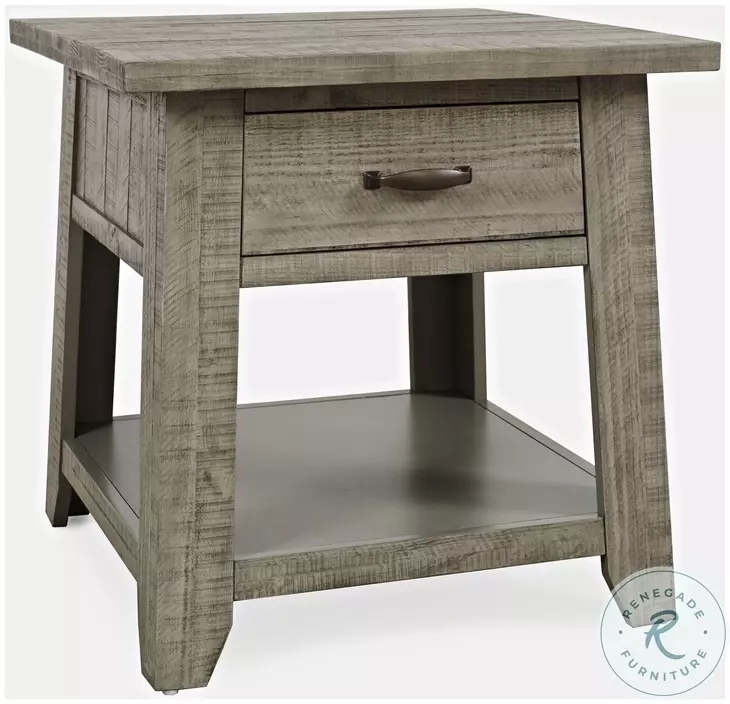 End Table Driftwood Gray Silver Bar Pull Drawer Open Shelf