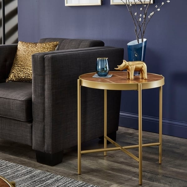 End Table Drum Shape Marble Look Top Gold Cylindrical Frame