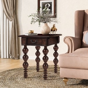 End Table Espresso Gourd-Shaped Legs with Storage Drawer