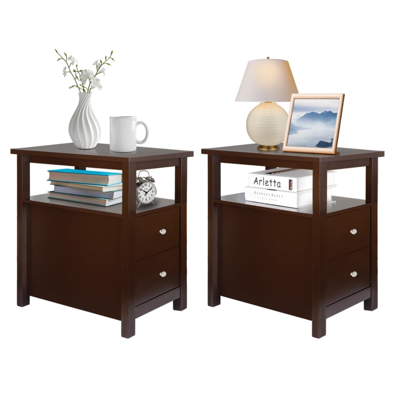 End Table Espresso Side Table For Small Spaces Slim Storage Shelf Drawers