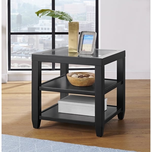End Table Espresso Wood with Black Glass Top and Open Storage Shelf