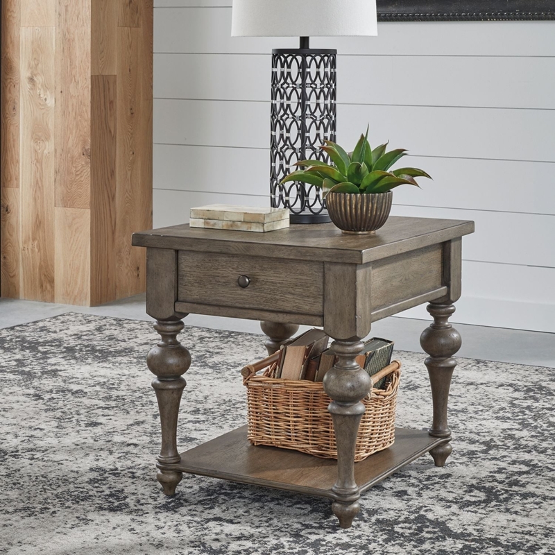 End Table Farmhouse Style Slatted Bottom Shelf Turned Legs Cup Pull