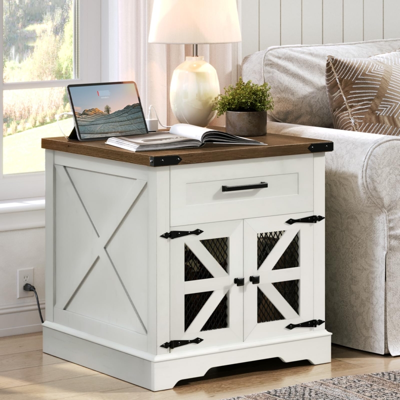 End Table Farmhouse Walnut Top with Integrated Charging Station