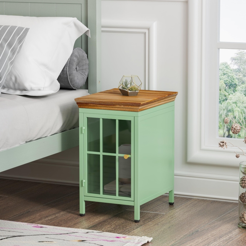 End Table Fluted Glass Door Forest Green Gold Tapered Legs