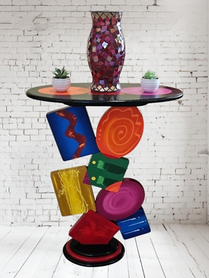 End Table, Geometric 3D Tumble Block Pattern, Multi-Colored Finish