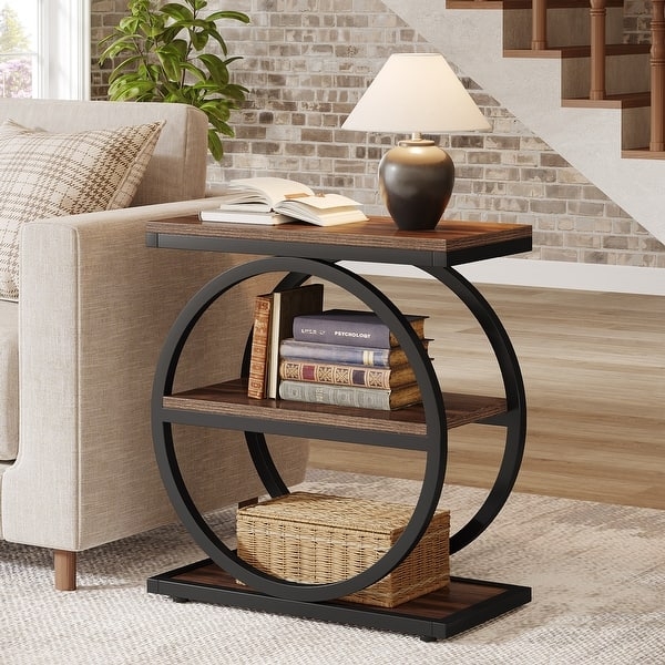 End Table Geometric Base Round Wood Top Open Frame Modern Industrial
