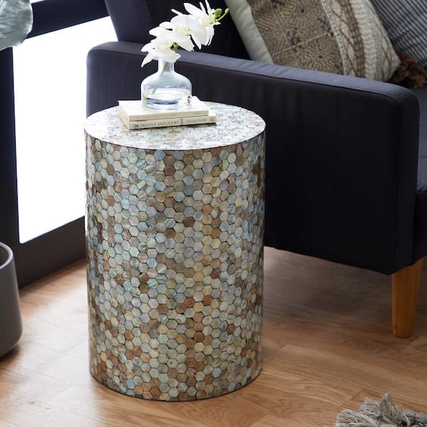 End Table, Geometric Shell Inlay Drum, Colorful Mosaic Pattern
