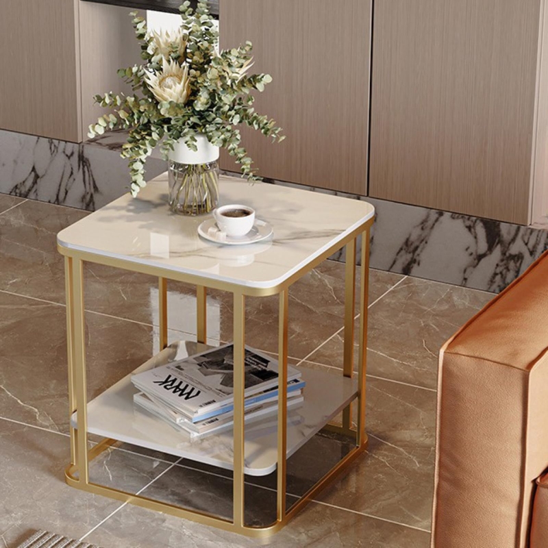 End Table Geometric Silhouette Two Tier Gold, Modern Glam Stone.