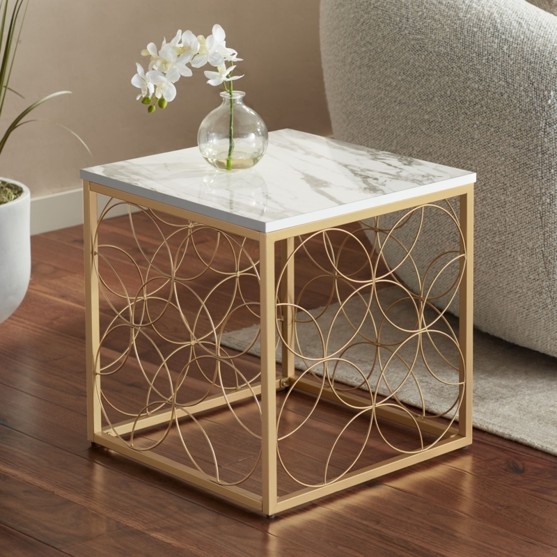 End Table Geometric X-Frame Gold Base with White Stone-Like Top