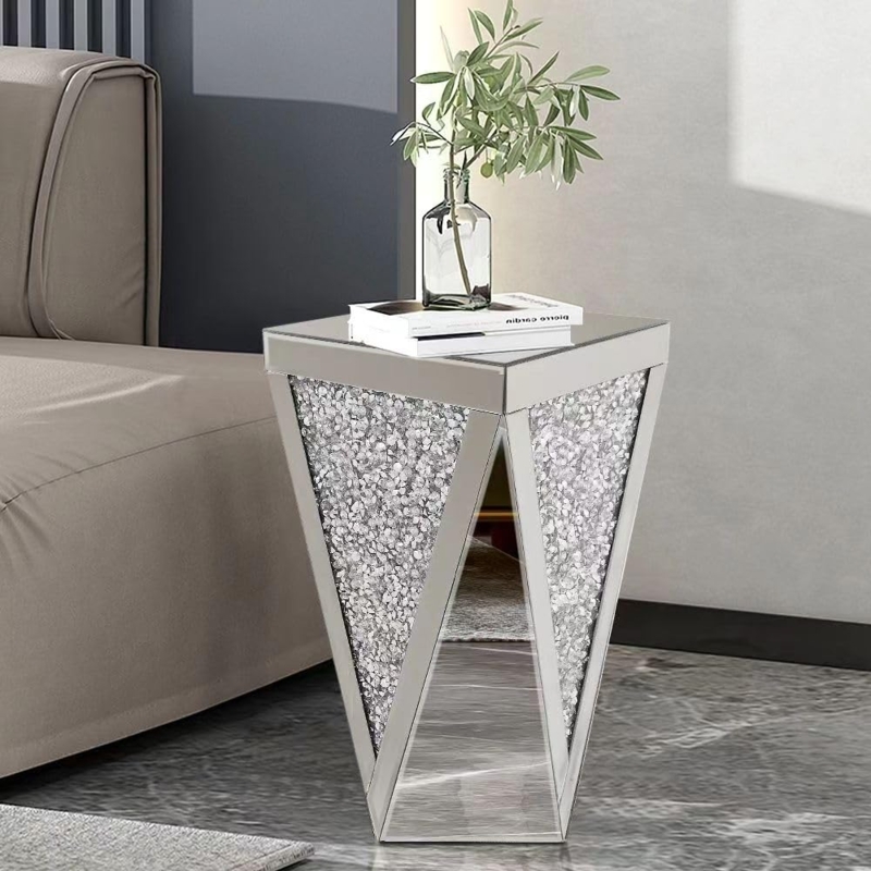 End Table Glam Mirrored Pedestal Crushed Crystal Inlay Detail