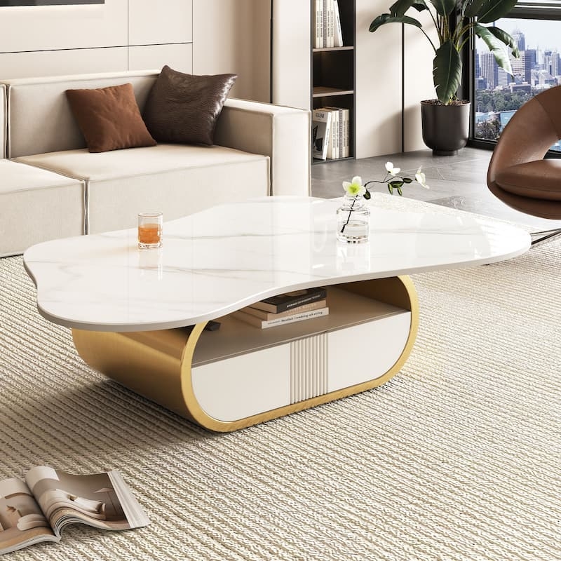 End Table Glam Style Butterfly Base Veined Stone-Like Top Drawer