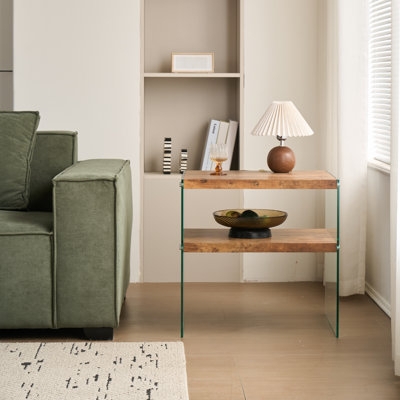End Table Glass and Wood C-Shaped Frame Open Shelf Metal Modern Industrial