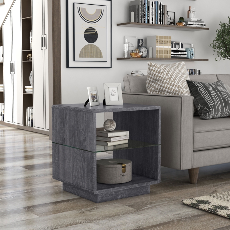 End Table Glass Insert Shelves White Oak Finish Contemporary Storage