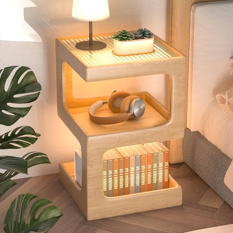 End Table, Glass Inset Top, Open Storage Shelf, Natural Wood, Japandi