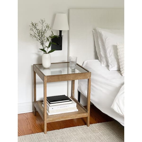 End Table Glass Top Open Shelf Wood Tapered Legs Mid-Century Natural