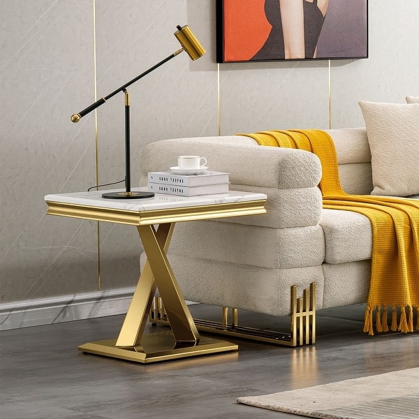 End Table Glossy White Square Top Polished Stainless X-Base