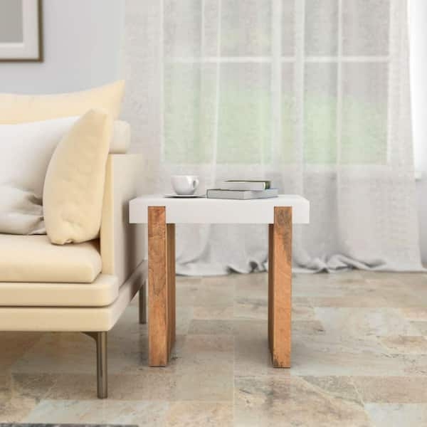 End Table Glossy White Top Wood Sled Base Thick