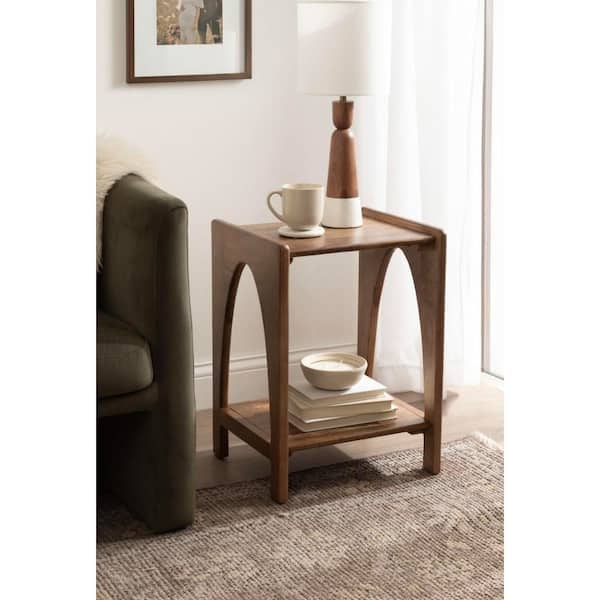 End Table Gold Capped Legs Walnut Brown Mid Century Modern Styling