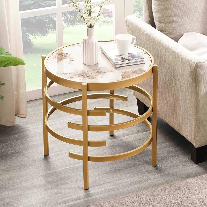 End Table Gold Circular Frame Polished Round Top Glam Accent Furniture