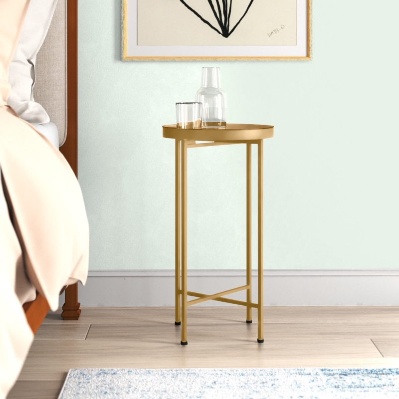 End Table Gold Finish Round X Base, Modern Glam Side Table Decor