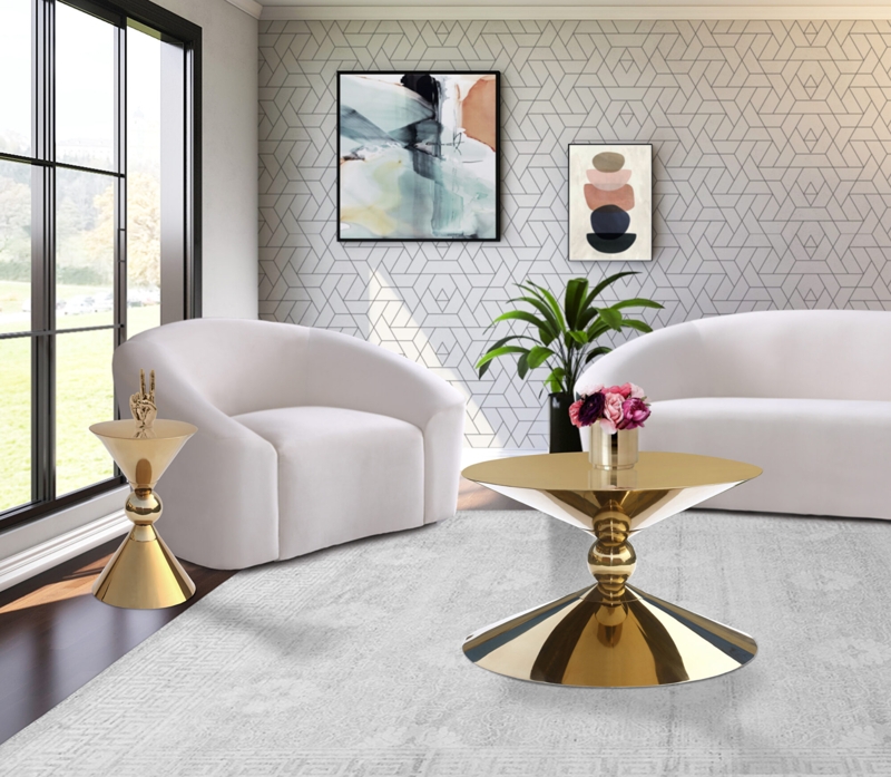 End Table Gold Interlocking Ring Base White Marble Veined Top