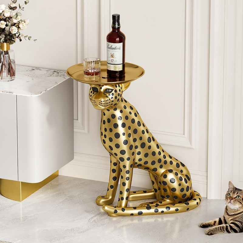 End Table Gold Leopard Figurine Tray Top Glamour Decor