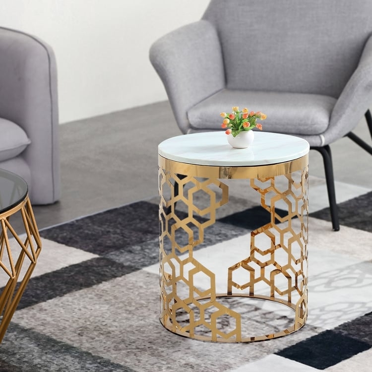 End Table Gold Slat Detailing Drum Base with Round Stone-Like Top