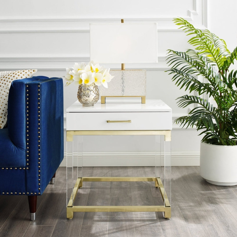 End Table Gold X-Frame Base, Single Drawer, Modern Glam.