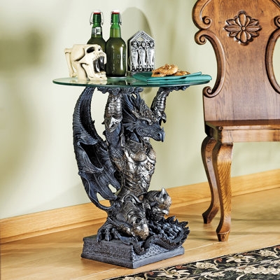 End Table Gothic Warrior Dragon Sculpture Antiqued Finish