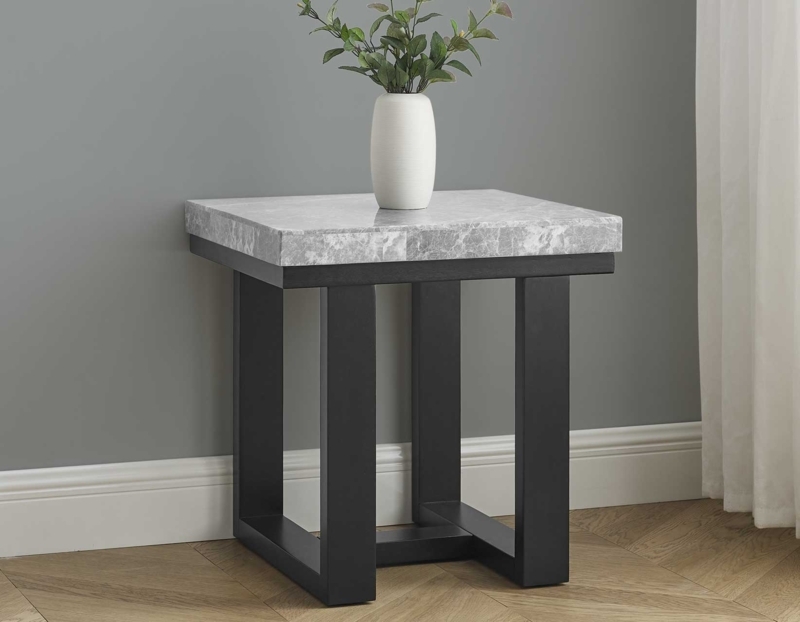 End Table Gray Marble Top Charcoal X-Base Modern Minimalist
