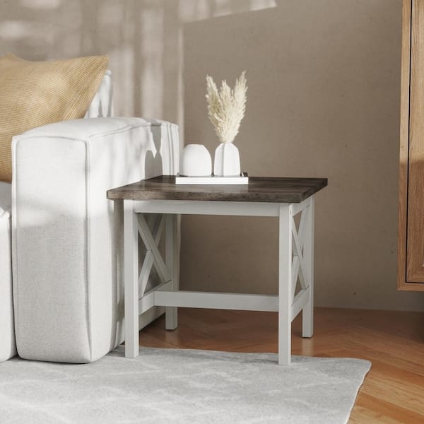 End Table Gray Top Rustic Farmhouse Distressed White X Frame Base